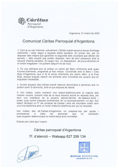 C&agrave;ritas - comunicat